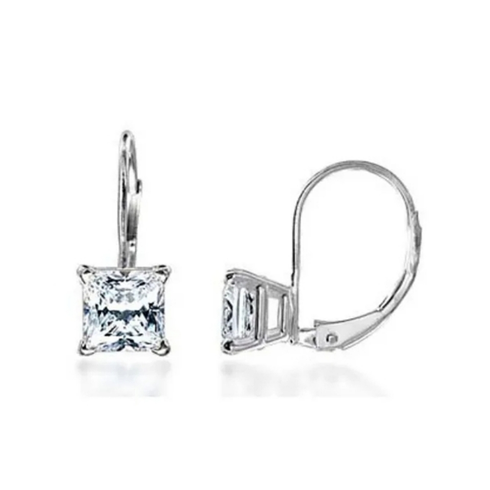 Princess Cut Leverback Dangle Earrings - 7mm Silver Drop Studs